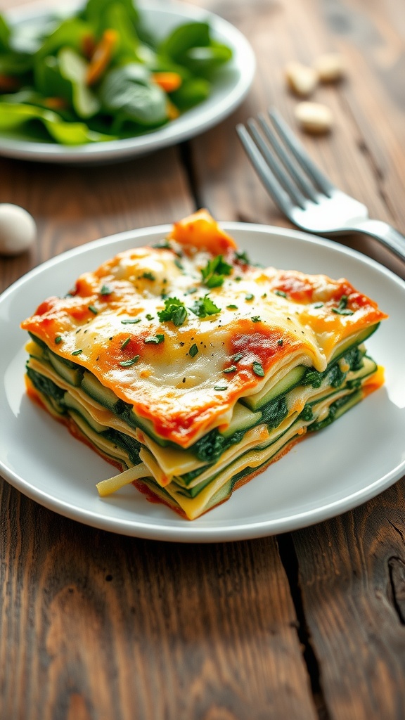 A slice of spinach and zucchini lasagna on a plate with melted cheese and herbs, alongside a fresh salad.